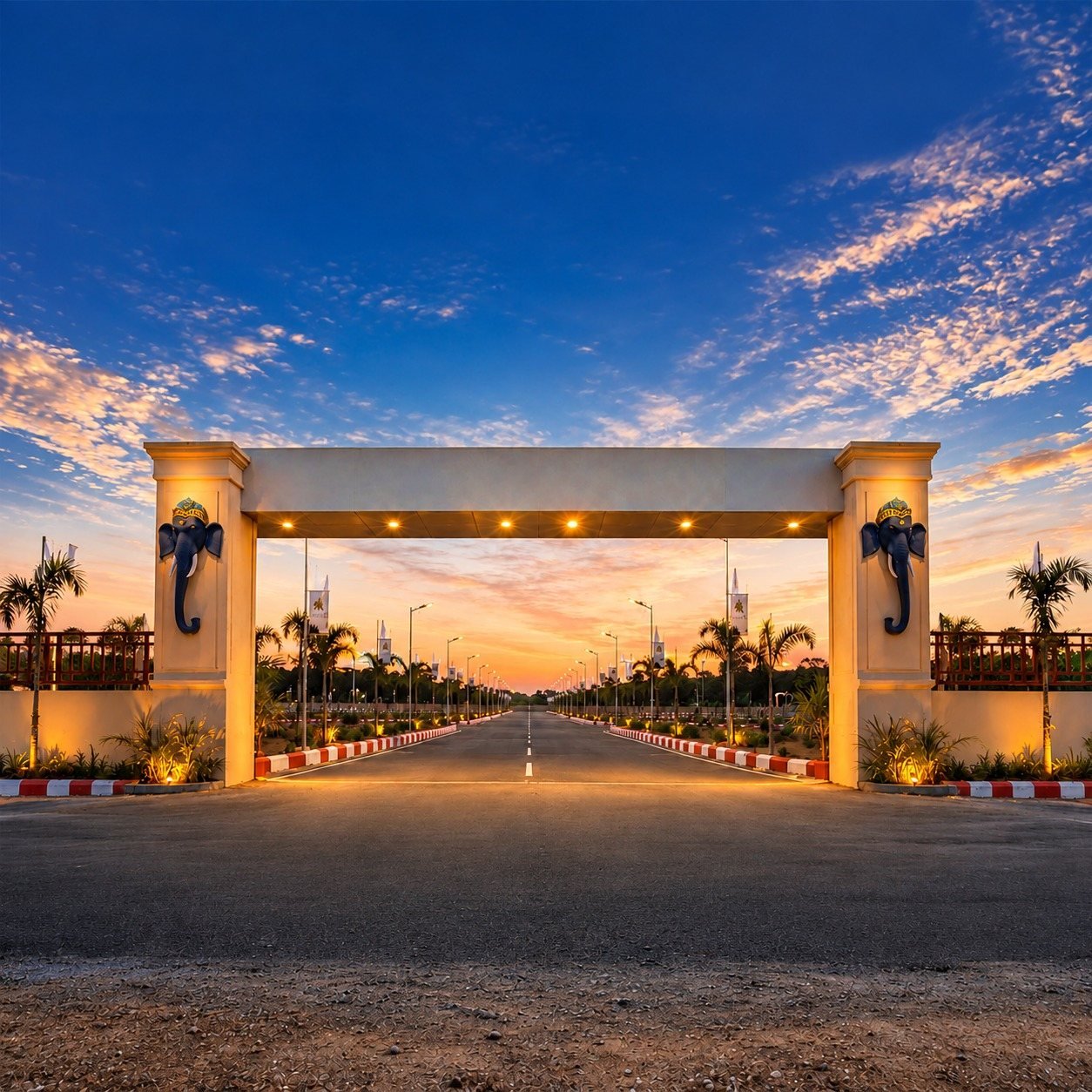 Elephant-crest entrance arch of Crystal's Legacy at sunset, Mahabalipuram ECR